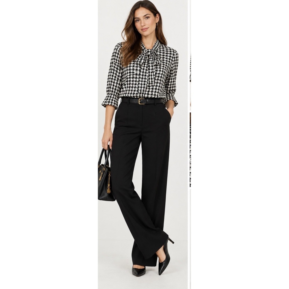 Norma Kamali Houndstooth Top Blouse XS Tie Neck Career Designer Quiet Luxury